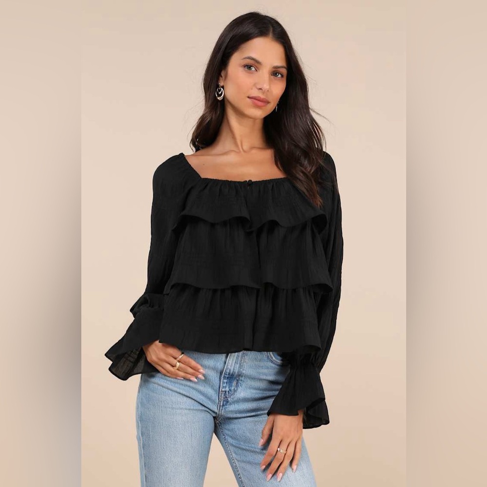 NEW! Time and Tru Black Long Sleeve off-the-shoulder Ruffle Blouse Top NWT - XL - Picture 2 of 16